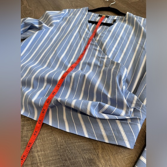 Theory Quincy Striped Faux Wrap Long-Sleeve Top - Blue & White Striped - Large - Picture 5 of 17